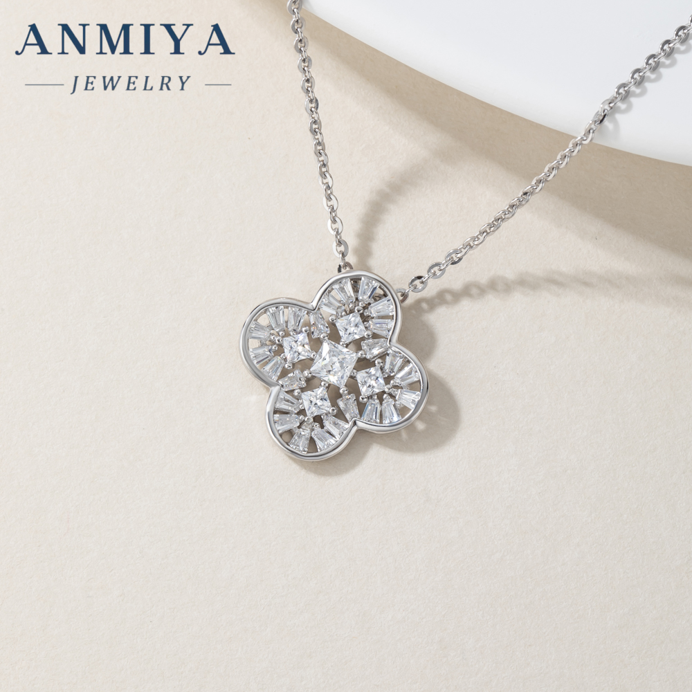 High End Rhodium Plated Zirconium Four Leaf Clover Set S925 Sterling Silver Necklace Earrings Set Jewelry