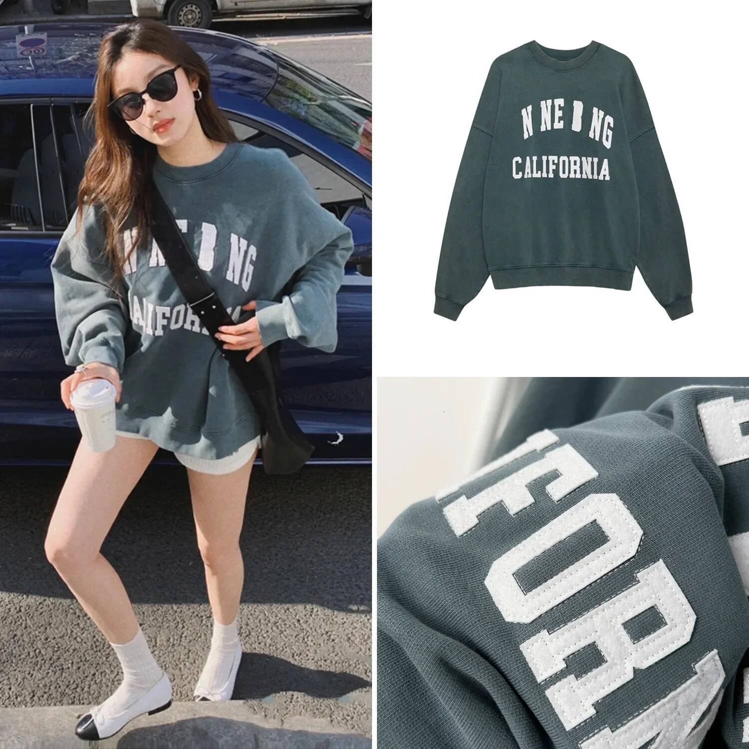 Classic Letter Print Water Wash Color Loose-Fit Round Pullover HOUSE 24 Spring Green Crew Neck Sweatshirt