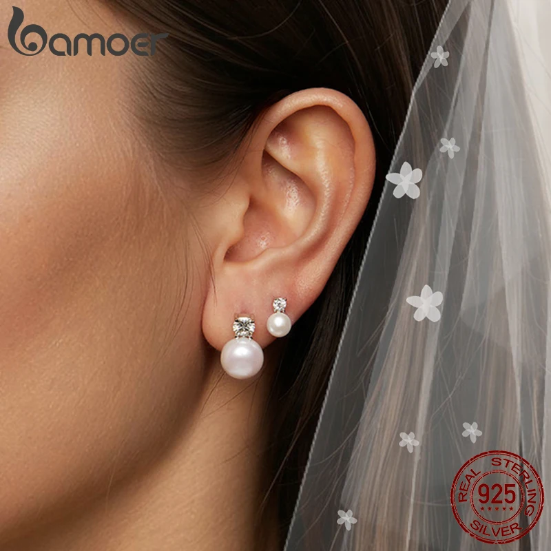 BAMOER Moissanite 925 Sterling Silver Freshwater Pearl Stud Earrings VVS1 Lab Created Diamond Wedding Earrings for Women Gift