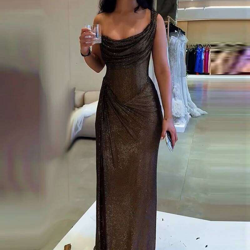 Casual Club Party Sequin Long Fashion Asymmetric Slim Off Shoulder Ladies Sexy Sleeveless Hollow Out Tail Dress