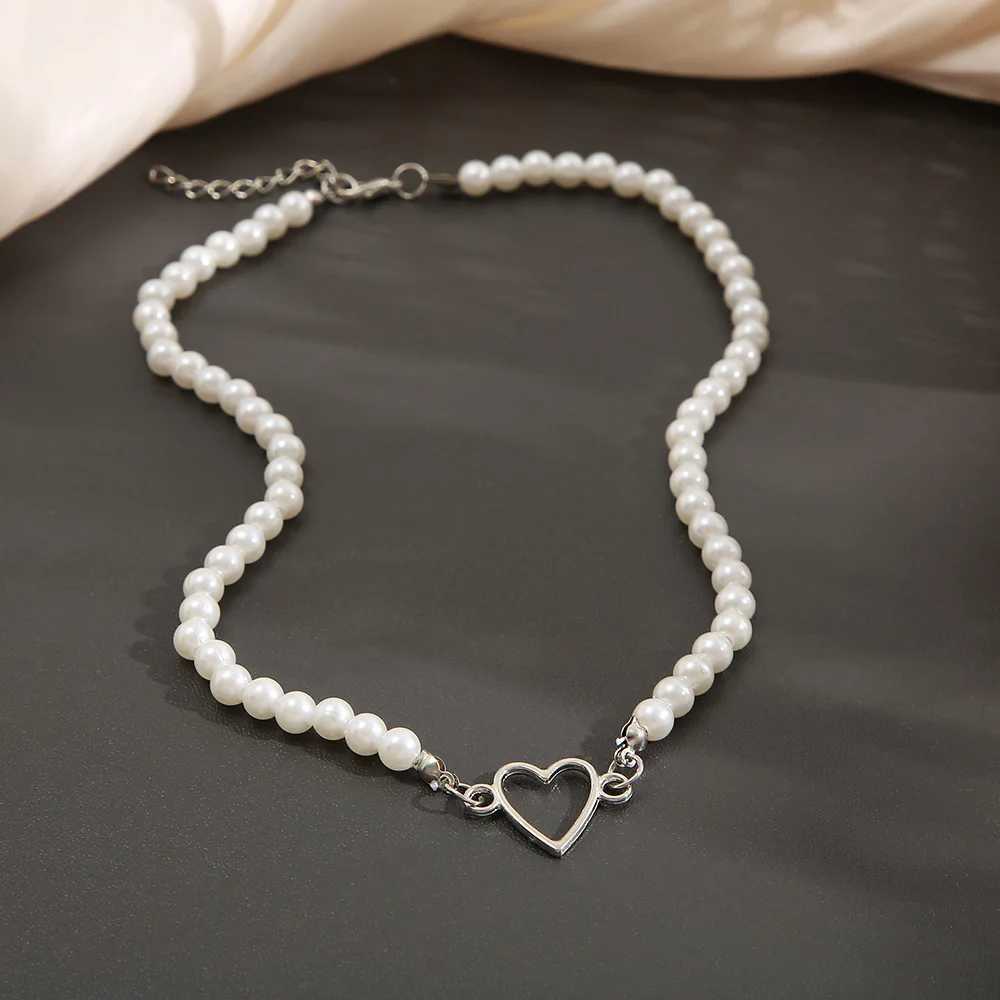 French Vintage Pearl Chain Necklace For Women Fashion Silver Color Lover Heart Choker Simple Women Collar Ladies Jewelry Gift Y250605