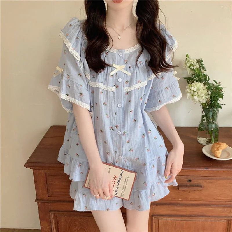 Summer Ladies Pajamas Loungewear Set Princess Style Sweet Lace Small Floral Short Sleeve Shorts Loose Plus Size Loungewear 250530