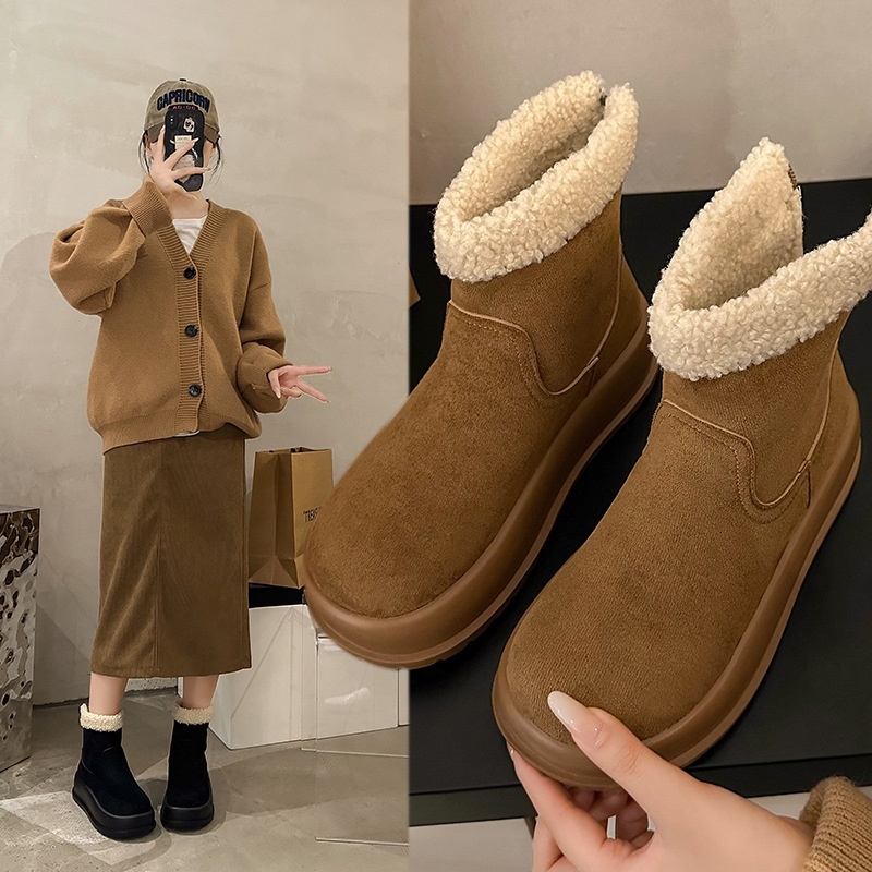 2025 free shipping autumn and winter new female designer retro warm snow boots with thick velvet sole and anti slip cotton shoes