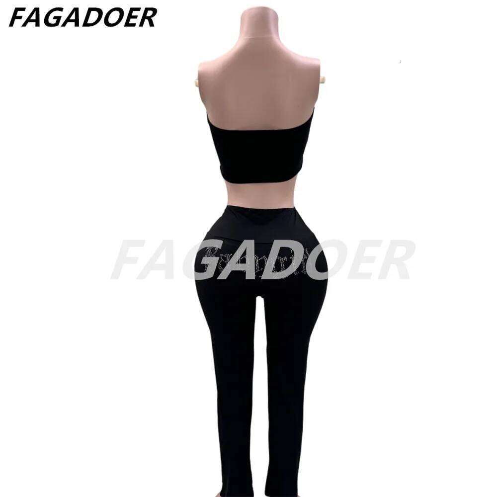 FAGADOER Rhinestone Letter 2 Piece Set for Women Y2K Black Streetwear Fashion Tube Backless Crop Tops And Skiny Pants Suits