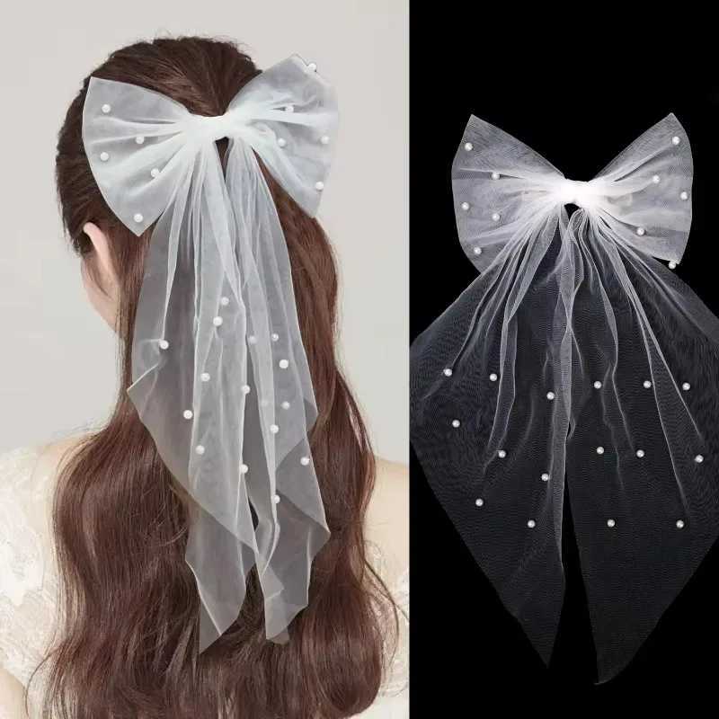 Women Long Ribbon Mesh Bow Hair Clips Elegant Pearls Hairpin for Bride White Mesh Hairpins Wedding Party Bride Hair Accessories Z250605