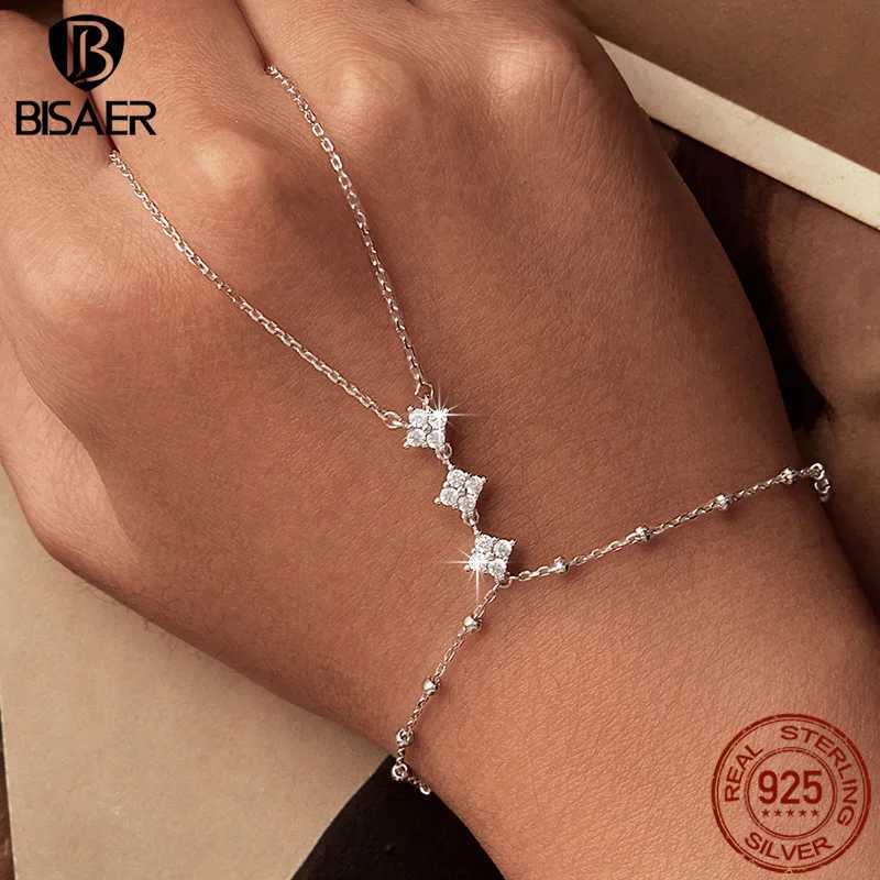 BISAER 925 Sterling Silver Finger Ring Bracelet Hand Chain Trendy Thin Dainty Stackable Chain Plated Gold for Women Fine Jewelry W250606