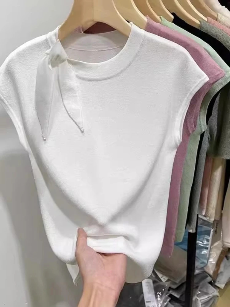 AOSSVIAO 2025 Womens Short Sleeve Round Neck Knit Sweater Summer Slim Fit Versatile Pullover Laceup Fashion Female Clothes 250530