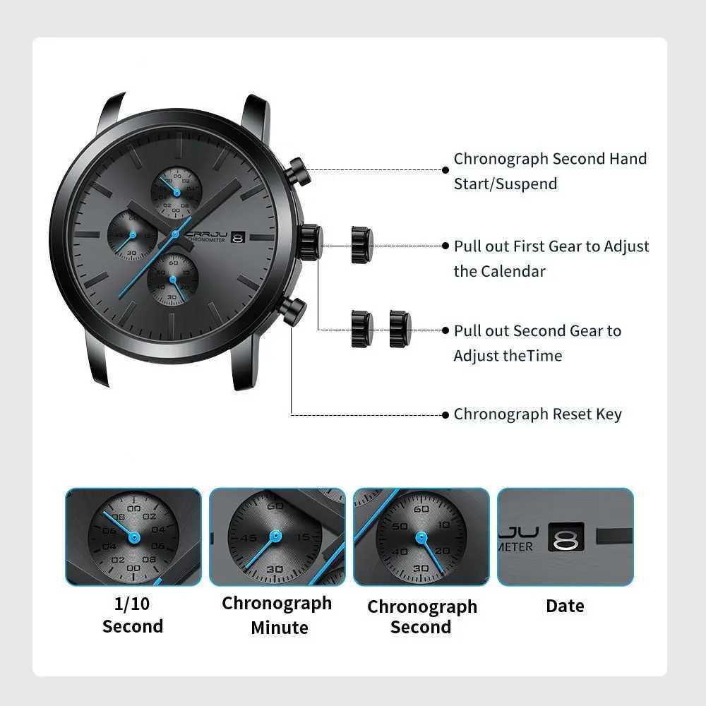 CRRJU Men Watch Luxury Business Stainless Steel WristWatch Military waterproof Date Quartz watch for men Y250605