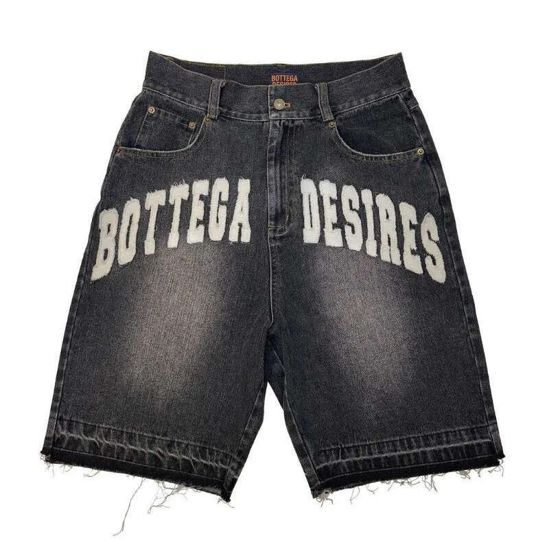 American Street Style Letter Embroidery Y2K Casual Embroidered Bone Denim Shorts for Men and Women