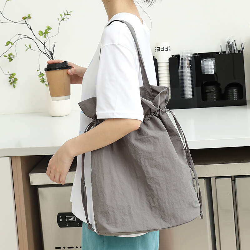 Casual Nylon Bucket Ins Fashion Literary Canvas Tote Internet Celebrity Drawstring Pleated Shoulder Bag for Women
