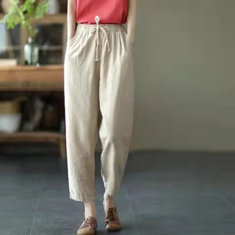Solid Color Cotton and Linen Pants for Woman Vintage Loose Streetwear Harem Trousers Female Casual High Waist Drawstring Pants 250605
