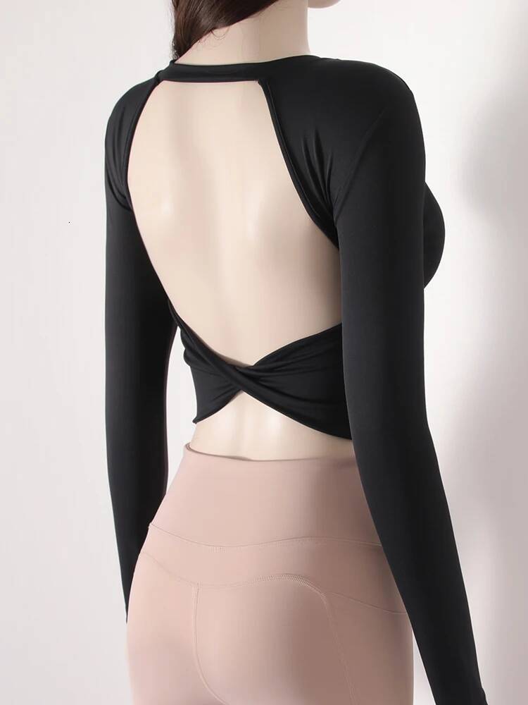 Ddmyoutdoor Sexy Twisted Crossover Hollow Out Back Sports Tshirt Short Gym Fiess Crop Top Long Sleeve Yoga Shirt For Women With Fixed Pads Jogging Sui