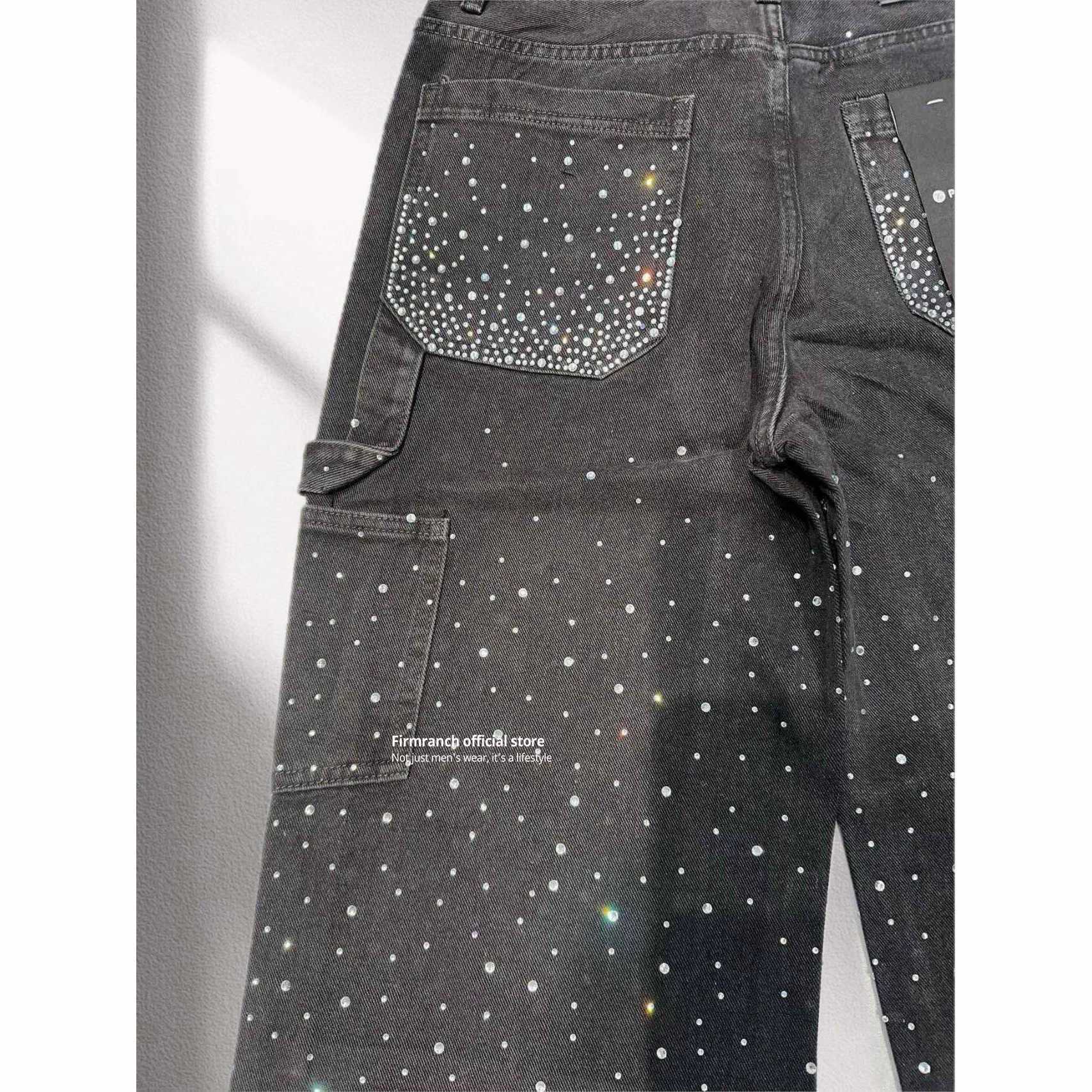 Firmranch New Sparkle Full Rhinestone Denim Pants For Men Women High Street Black Blue Shining Jeans Wide-leg Trousers Z250605