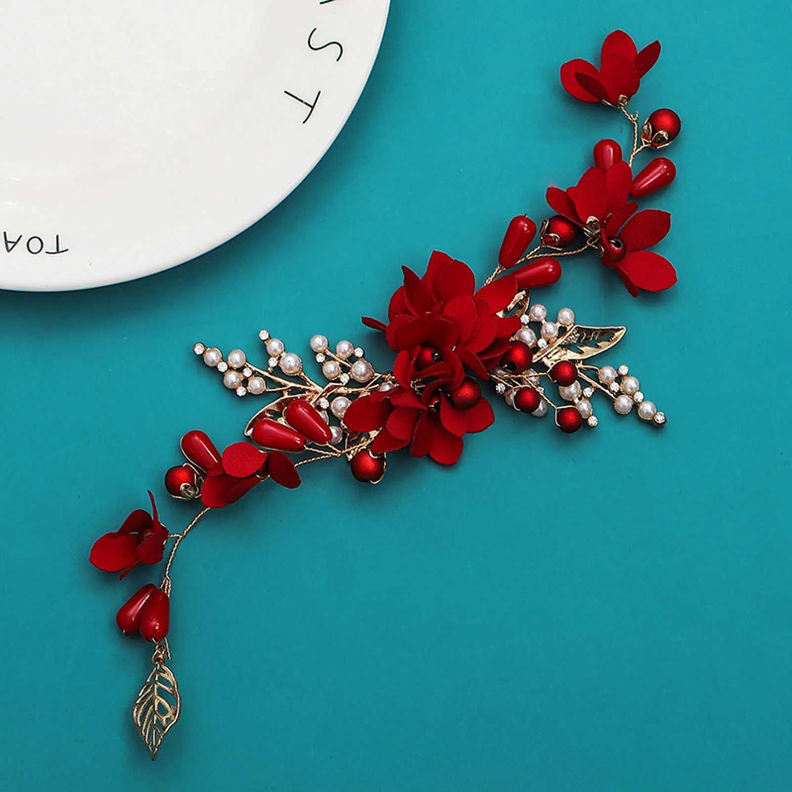 Wedding Headbands Red Flower Hairbands Gold Color Metal Headdress for Bride Hair Jewelry Accessory Chinese Fashion Headwear Z250605