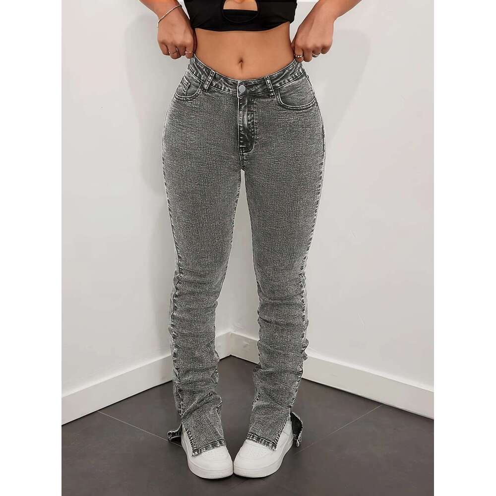 Gray Long Slit Slim Jeans Adjustable Pleats Stacked Personalized Fashion Casual High Waist Stretch Women's Versa
