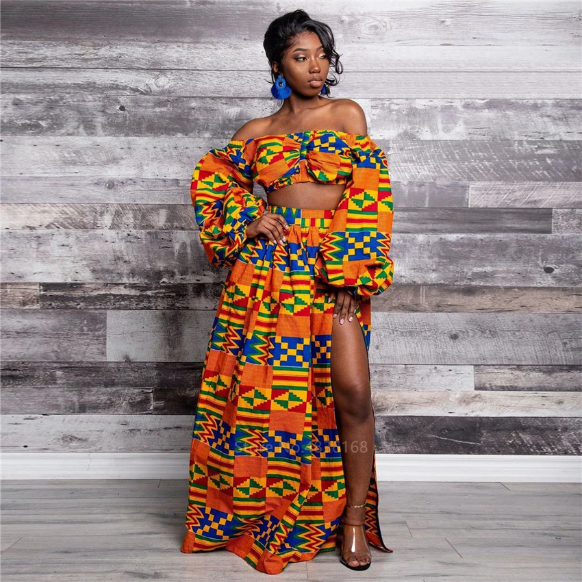 African Dresses for Women Autumn 2-piece Set Lady Full Sleeve Shoulder Off Festher Dashiki Print Split Skirts Africna Clothes 250605