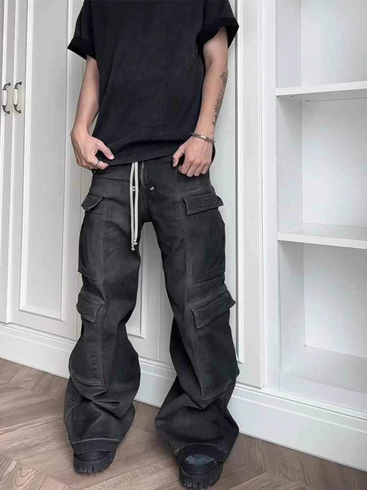 Flare Denim Jeans Washed Gray Gradient Pocket Crane Pants Straight Owen Casual Drawstring Loose Jeans Z250605