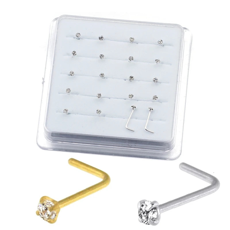 20PCS/Box Sterling L Shape Nose Stud Ring 2mm Clear Crystal Nose Piercing Body Jewelry 250605