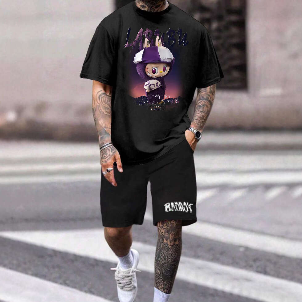 2025 New LABUBU Pure Cotton Short Sleeve T-Shirt American Style Loose Trendy Casual Set Digital Direct Print labubu doll