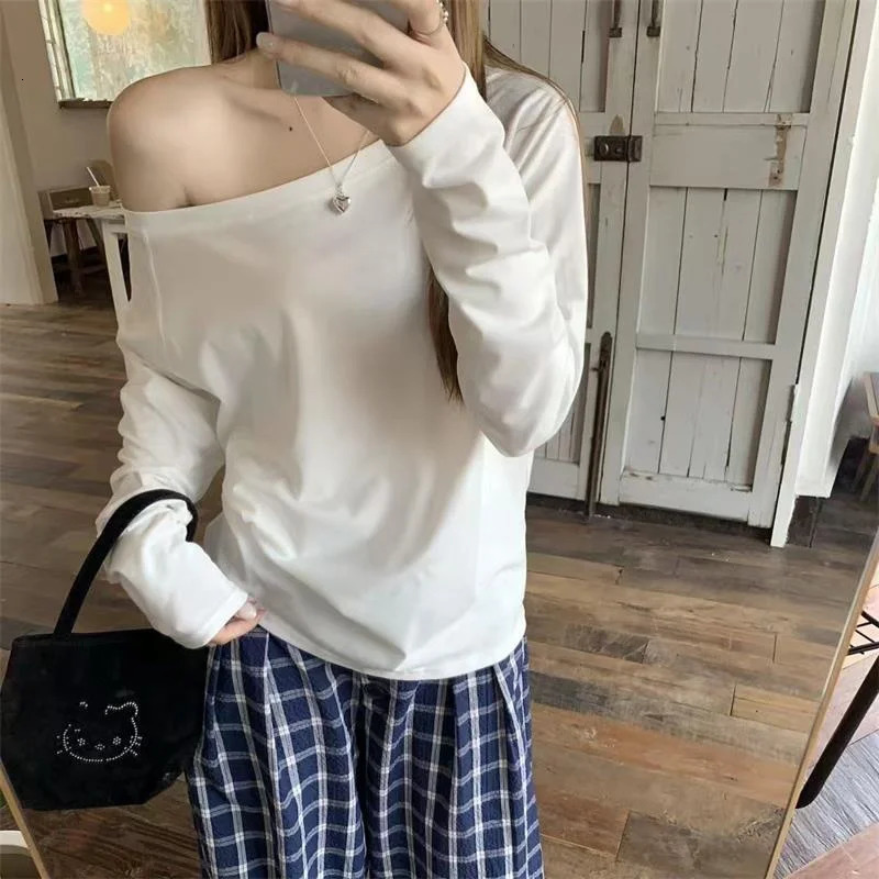 Women Basic style Skew Collar Baggy Off Shoulder Long Sleeve T-shirts White Female Soft Casual Tee shirts Womens Black Top 250605