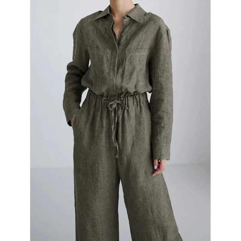 WomenS Casual Elegant Solid Color Polyester Jumpsuit with Drawstring Wide Leg Pockets Lapel Collar Spring/Fall 250530