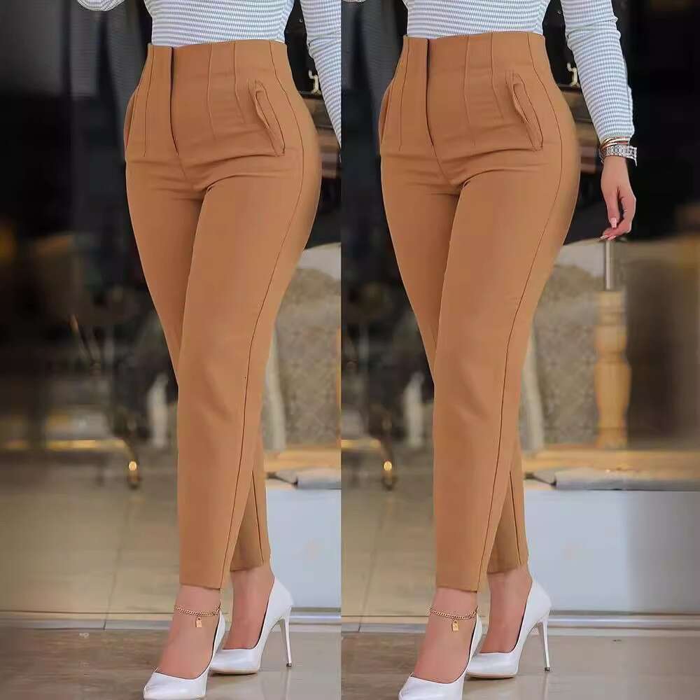 Women's Slim Fit Solid Color Pleated Zipper Versatile Blazer Cropped Pants B5