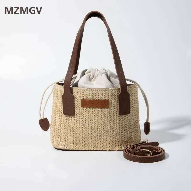 Meet You Summer Woman Straw Braided Bucket Casual Drawstring Handbag Weekend Vacation Beach Bag Small Tote Purses Crossbody