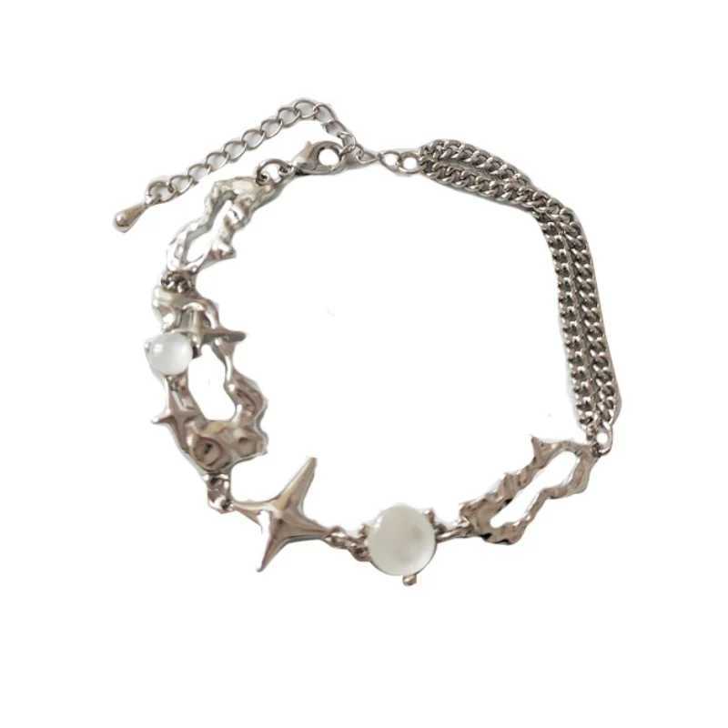 Irregular Hollow Four Pointed Star Design Bracelet for Women Silver Color Trendy Imitation Pearls Chain Bracelets Jewelry W250606
