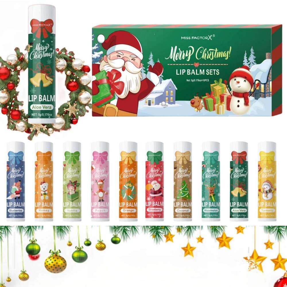free shipping 10PCS/Box Christmas gift box, lip balm set, deeply hydrating lip moisturizer, lip color brighten, gift to women