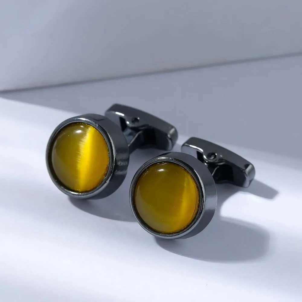 New Round Quality Cufflinks for Men Natural Cat Eye Stone Cufflink Shirt Cuff Links Luxury Jewelry Wedding Accessories W250606