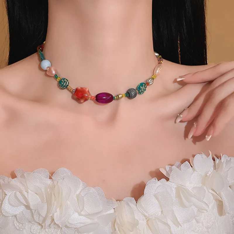 Dopamine Colored Ceramic Bead Necklace Sweet Beauty Instagram Trendy Light Luxury Design High-End Feeling Neck Chain Jewelry Y250605