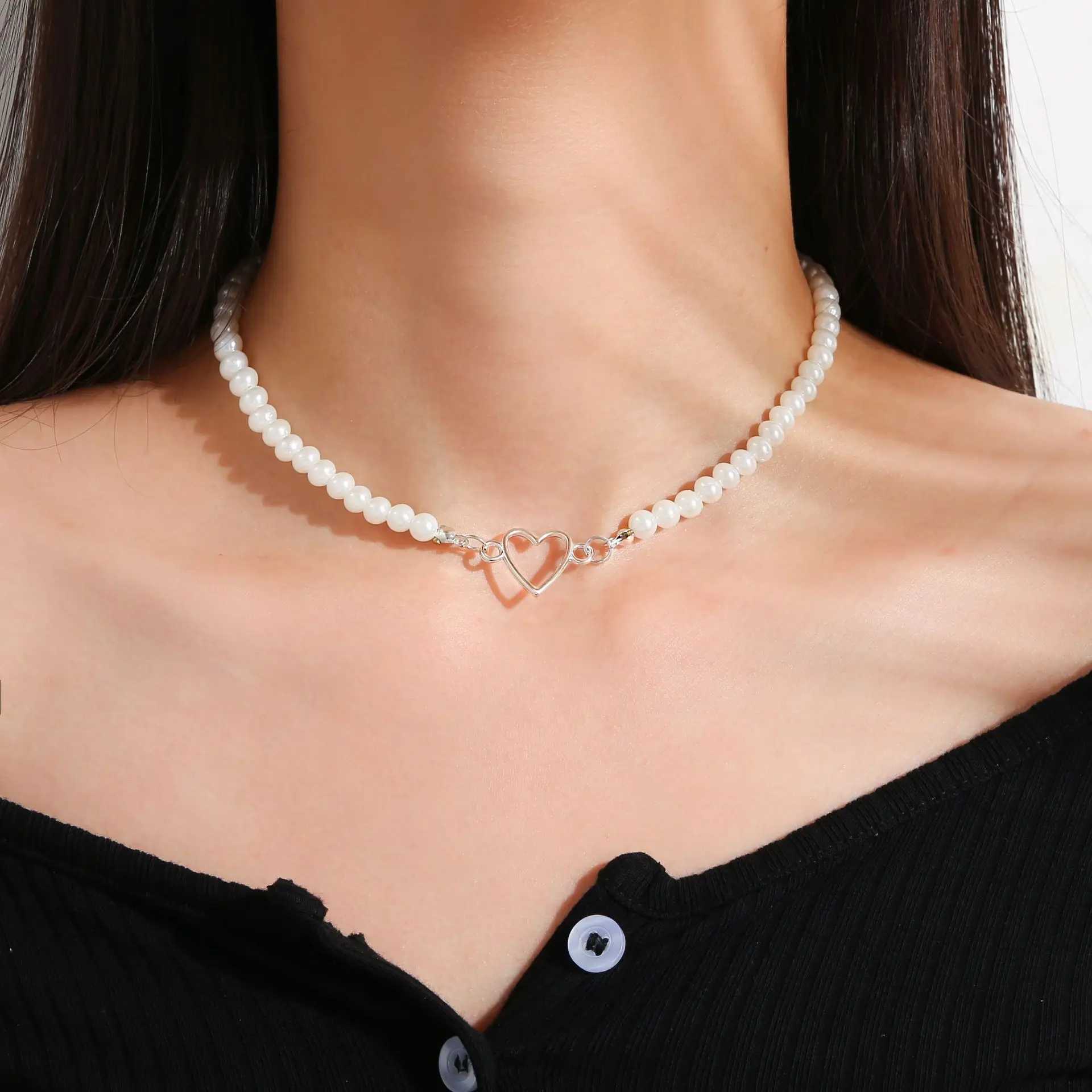French Vintage Pearl Chain Necklace For Women Fashion Silver Color Lover Heart Choker Simple Women Collar Ladies Jewelry Gift Y250605