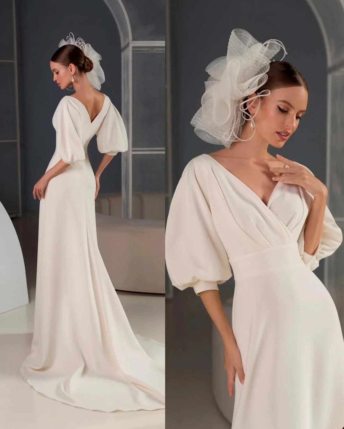 Elegant Satin Wedding Dresses A Line with Train Puff Sleeves Bride Gowns Custom Made Formal Church Garden Bridal Dresses for Birthday Engagement