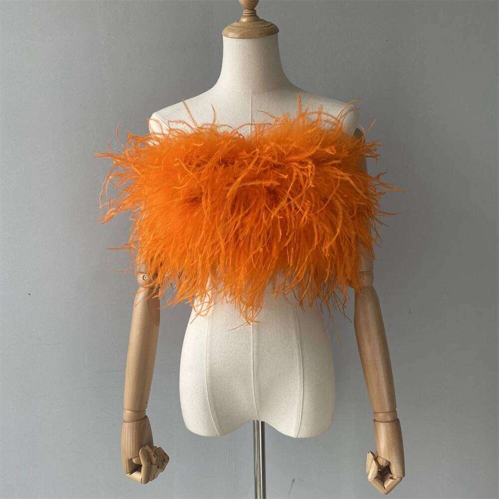 Jaxmonoy New Women Ostrich Feather Tube Spring Summer Sexy Stretch Bra Lady Party Wedding Fashion Sleeveless Cropped Top