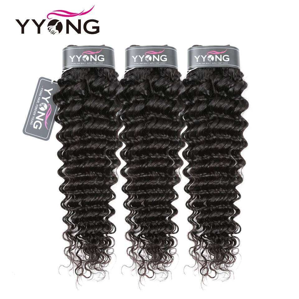 Yyong 3/4 Brazilian Deep Wave 100% Remy Human Hair Weave Bundles With 13x4 Lace Frontal Closure