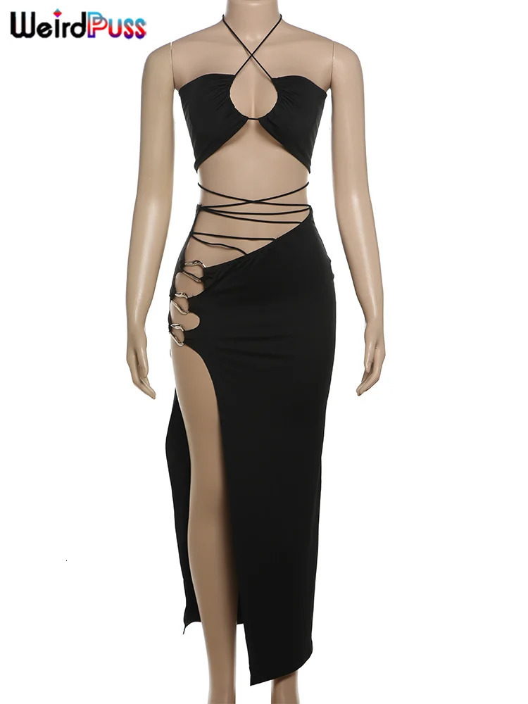 Weird Puss Sexy Summer 2 Piece Set Women Halter CamisoleHollow Metal Buckle Cross Bandage Split Skirts Matching Party Clubwear 250605