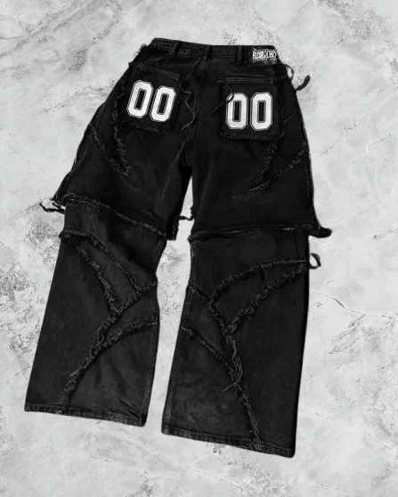 Vintage Patchwork Stripe Embroidery Raw Edge Jeans Y2K Mens Zipper Detachable Patchwork Baggy Jeans Low Waist Wide Leg Trousers Z250605