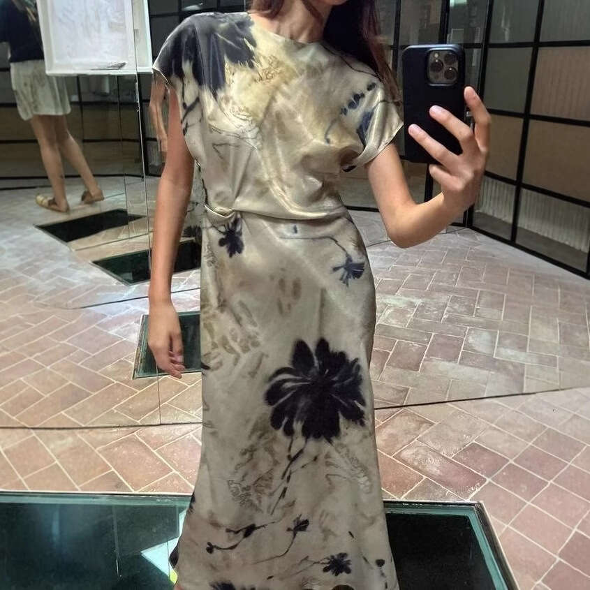 Women's Spring New Elegant Style Silk Satin Texture Waist-Cinching Printed Midi Dress B5