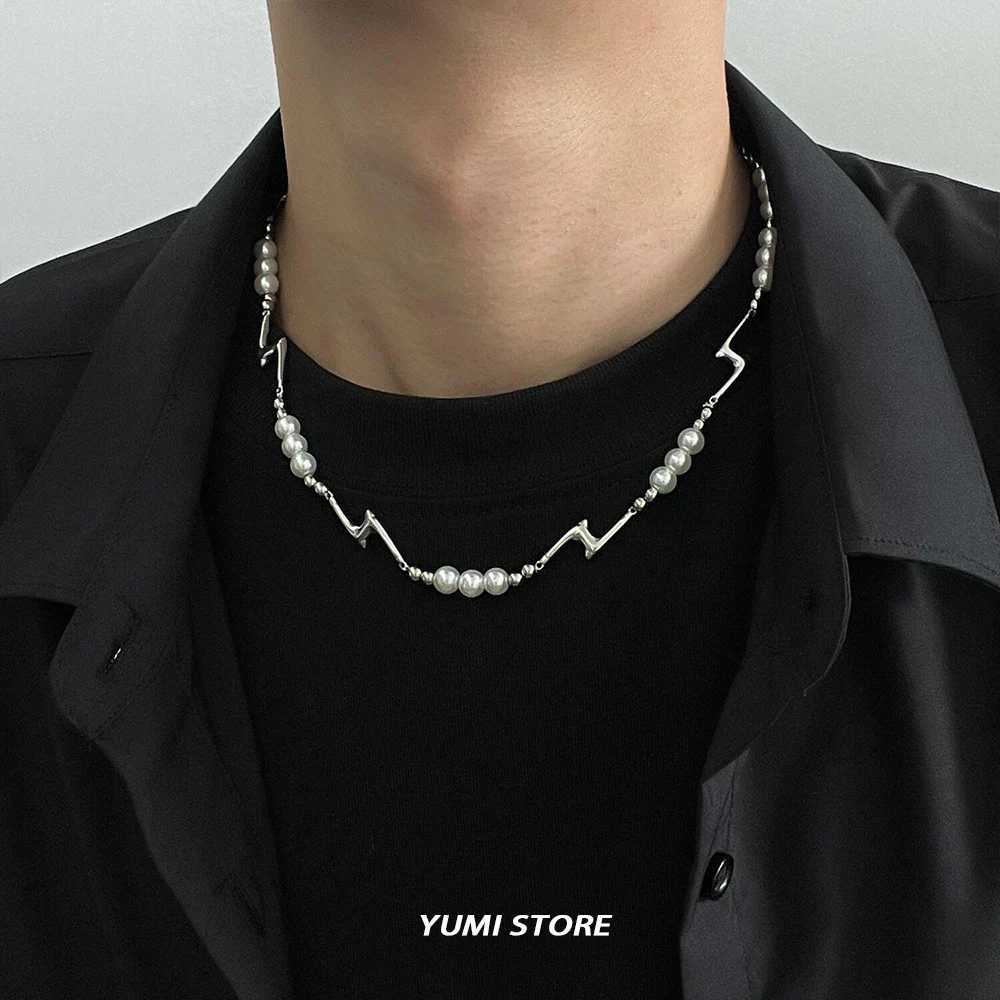 Hip Hop Pearl Splicing Lightning Necklace For Men Women Fashion Irregular Collar Choker Jewelry Unisex Accessories Wholesale Y250605