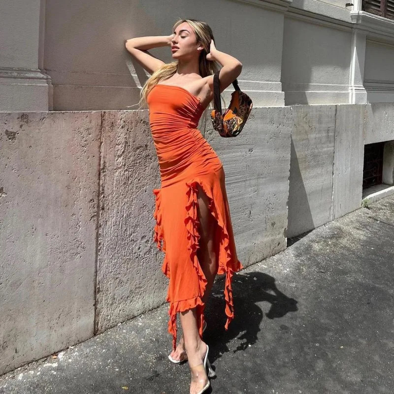 COUTUDI Elegant Strapless Dress For Women Summer Trend Irregular Tassel Skinny Split Long Dress Party Clubwear Women Outfit 250605