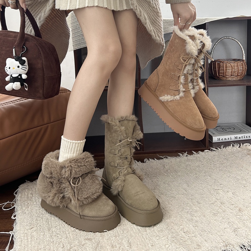 2025 free shipping autumn and winter new designer shoes, women's fashion khaki thick soled high tube snow boots, warm and height increasing snow 