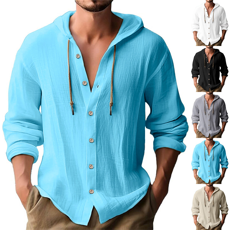 Mens Long Sleeve Hawaiian Shirt Summer Casual Shirts For Men Cotton Linen Hoodies Casual Button Down Hooded Top Beach Hippie T shirt Plus Size linen c