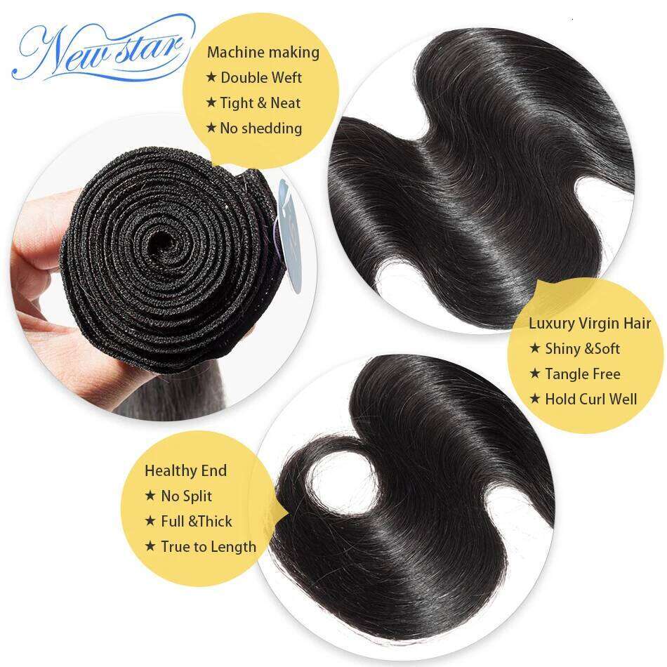 New Star Peruvian Body Wave 3 Bundles With Lace Closure 100% Unprocessed Virgin Human Hair Weave Extension And 4x4 Closures