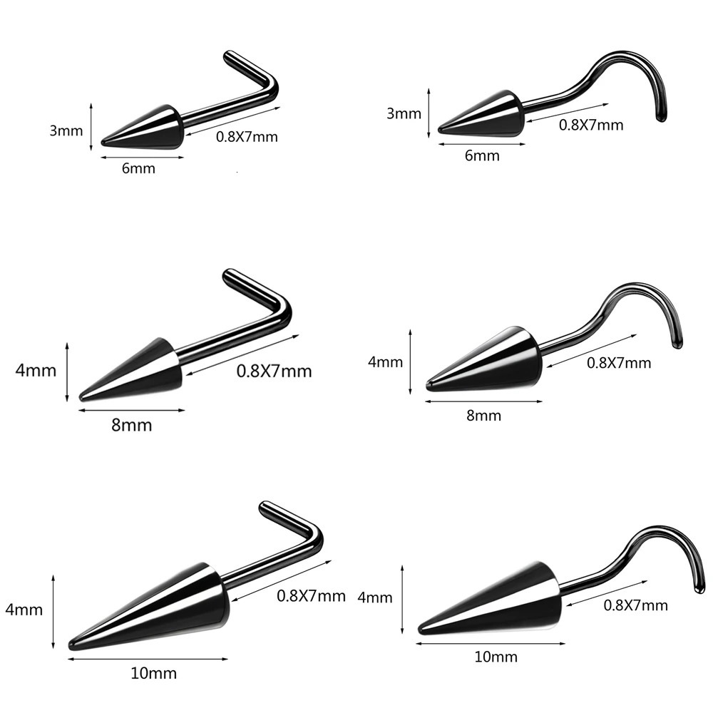 ZS 20G Black Spike Nostril Piercings Stainelss Steel Cone Nose Studs Doule Nose Piering Jewelry Long Spike Nostril Ring Chain 250605