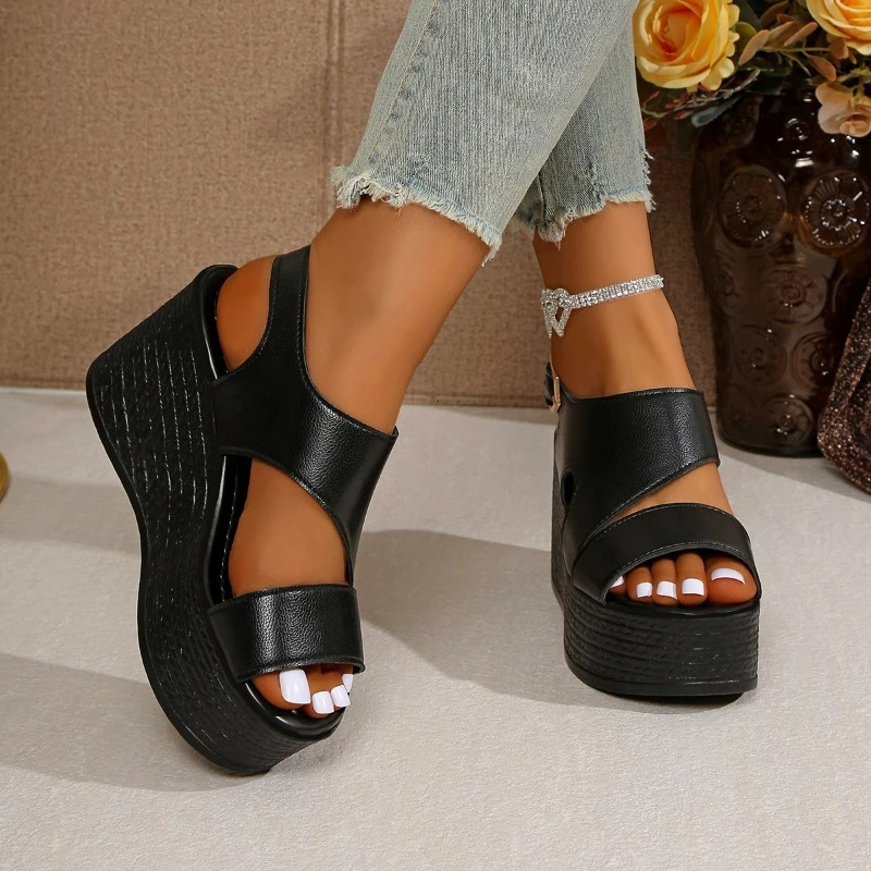 Open-toe slope sandals leather strap Roman shoes 2025 summer fashion lightweight thick sole non-slip high heels womens shoes 250605