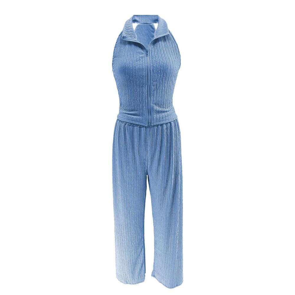 Women's Two-piece Lapel Sleeveless Top Pleated Casual Pants Set for Summer 2025