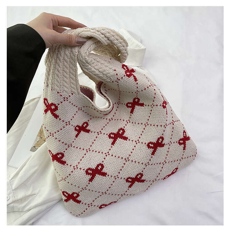 New INS Style Knitted With Bowknot Large Capacity Tote Bag For Women B5
