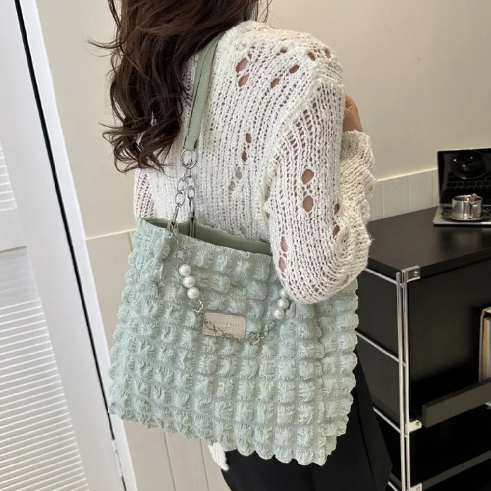 Fashion Plaid Womens Beaded Chain Shoulder Bags Large Capacity Ladies Tote Bag Soft Fabric Female Handbags Purse 250605