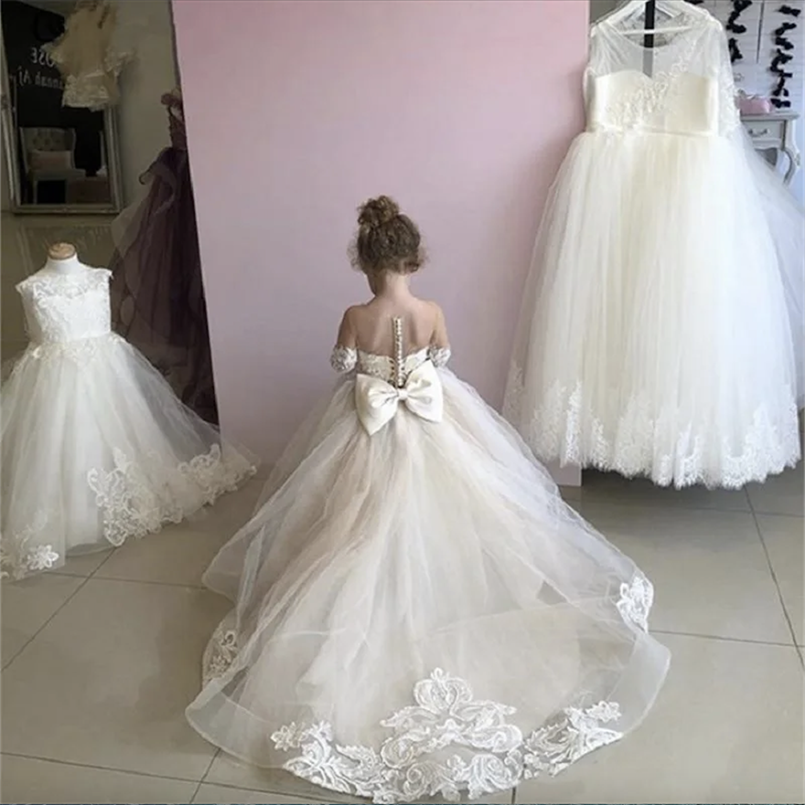 Champagne Little Girls Bridesmaid Dress Flower Girl Dresses Ball Gown Kids TUTU Lace Wedding Party Pageant First Communion Gown