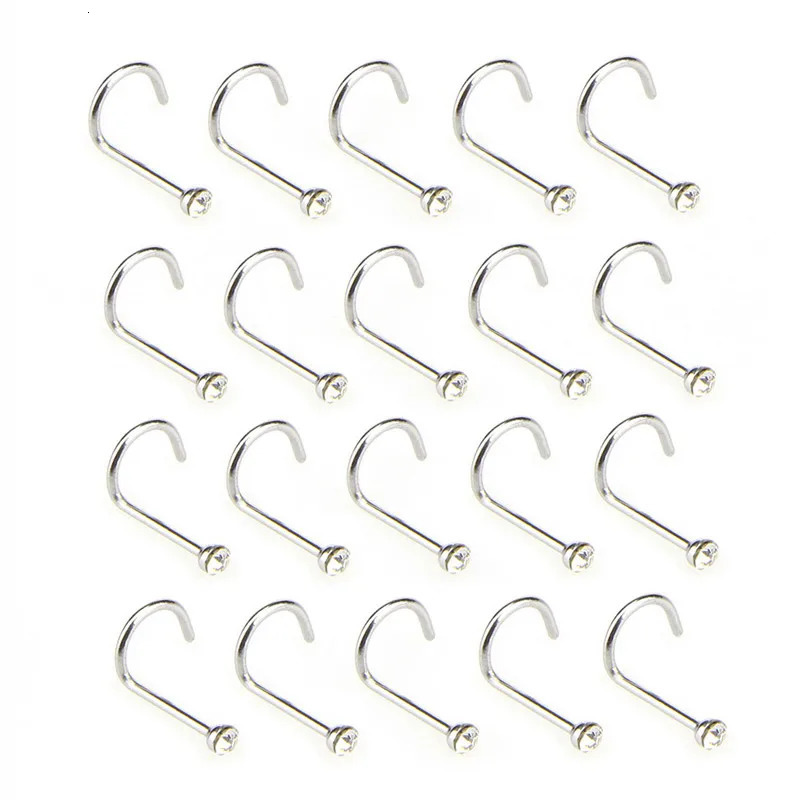 20pcs/lot Stainless Steel Crystal Rhinestone Nose Studs Hooks Bar Pin Nose Rings Body Piercing Jewelry For Women 250605